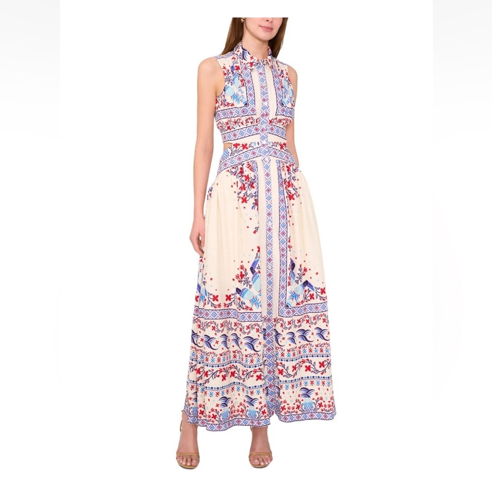 1. State Cream with Red and Blue Print Button Down Cutout Maxi Dress Size M NWT